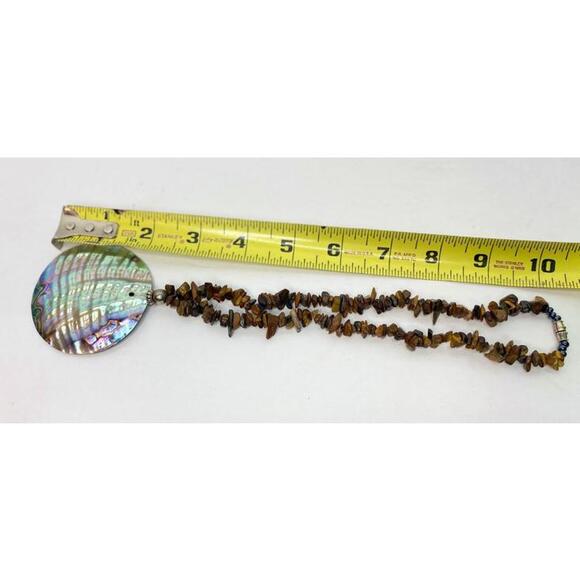 Vintage Abalone Medallion Disc Necklace Tigers Eye chips polished stones Brown - Picture 11 of 12